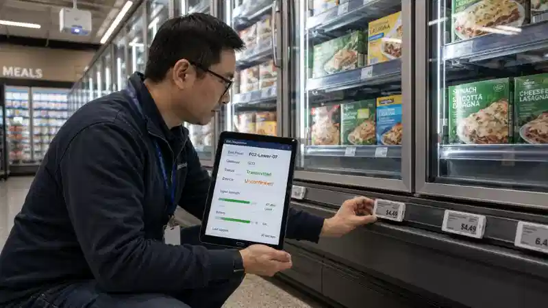 > Retail engineer diagnosing an unconfirmed electronic shelf label near a supermarket freezer > Retail engineer diagnosing an unconfirmed electronic shelf label near a supermarket freezer